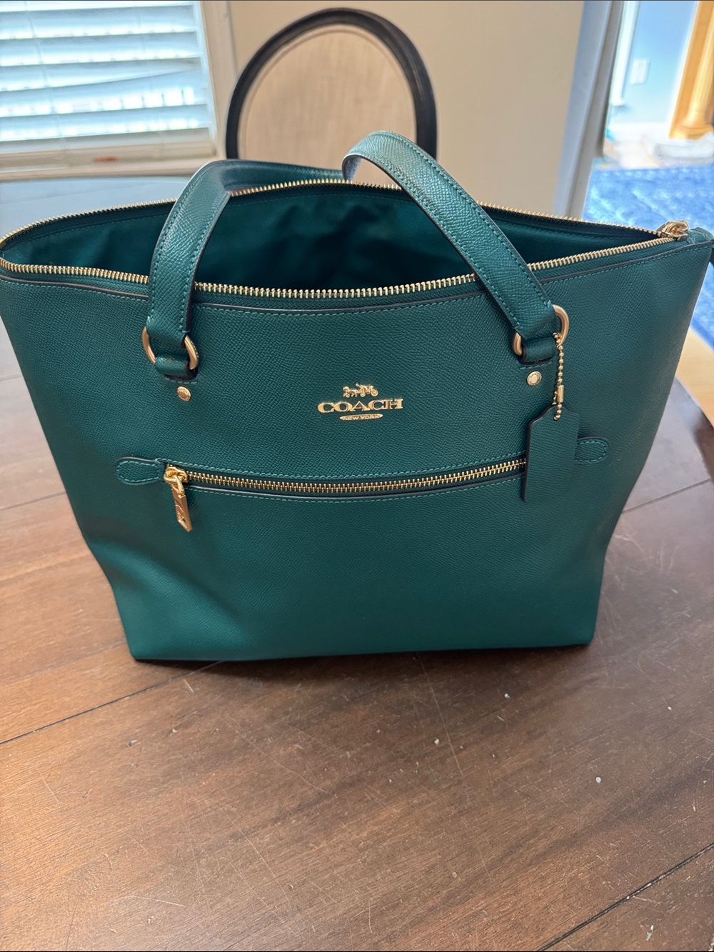 COACH Emerald Green Saffiano Leather Tote with Gold Hardware